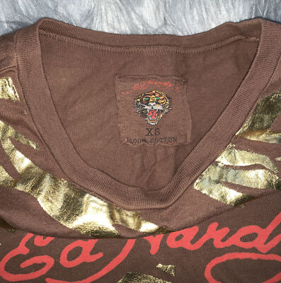 Ed Hardy Y2K Brown Striped Love Kills Slowly Skull Rhinestone