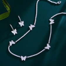 Women Silver Plated Butterfly Chain Necklace Earrings Cubic Zirconia Jewelry Set
