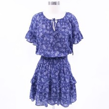 Parker Queenie Blouson Dress Womens M Medium Floral Blue White Smocked Ruffled