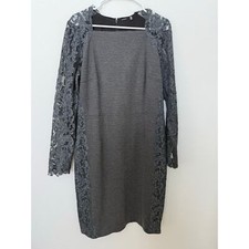Elie Tahari Serena Dress Charcoal Grey Lace Long Sleeves Stretch 14