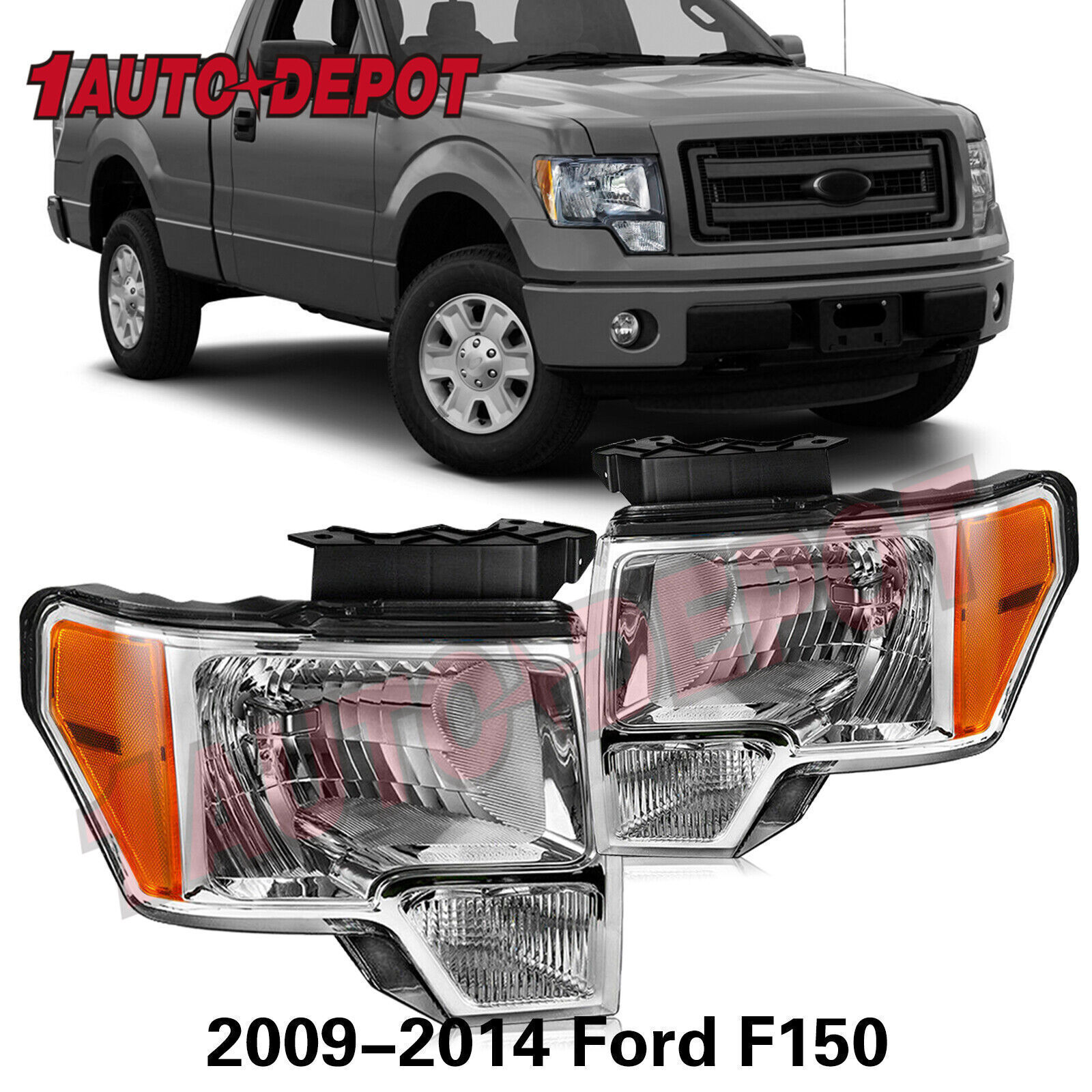 Headlight Replacement Lamps For 2009-2014 Ford F-150 Chrome Housing Amber Corner