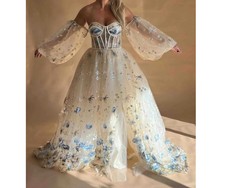 Strapless Puff Sleeve Corset Tulle Wedding Dresses Blue Floral Embroidered Gowns
