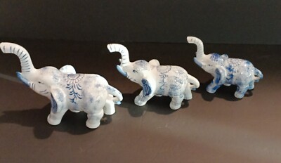 Set of Three Elephant Blue and White Porcelain Figurines Never Used. Stored