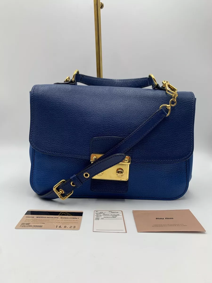 Auth Miu Miu 2Tone 2way Blue Madras Crossbody Top Handle Bag Preloved Purse