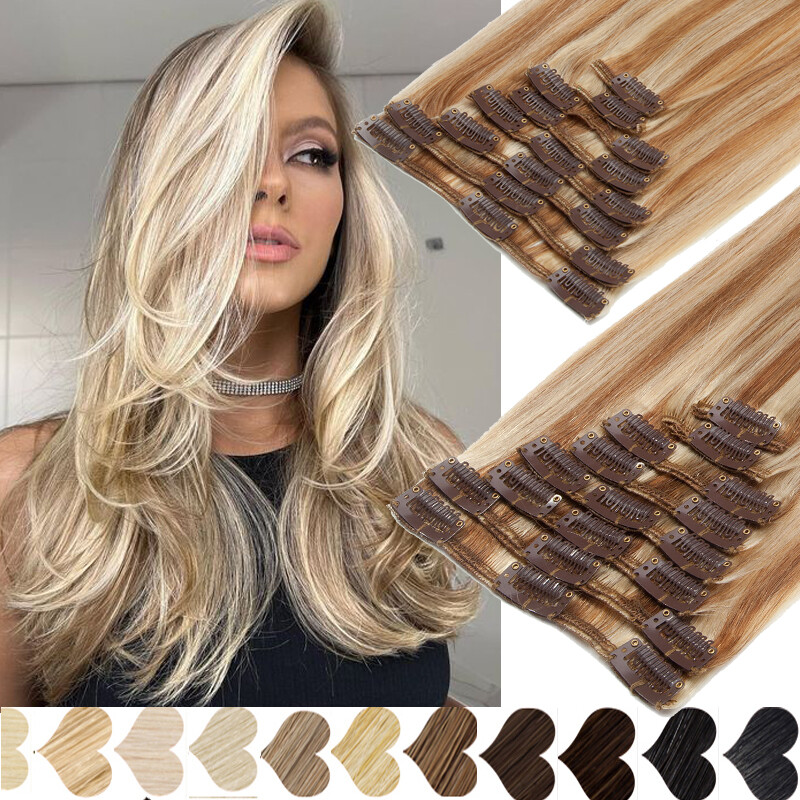 100% Human Hair Extensions Clip in Real Remy Hair Full Head