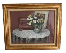 Mid Century Victorian Scene Pastel Painting Framed Signed Illegible