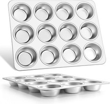 Muffin Pan 12-Cup, Set of 2, Stainless Steel Cupcake Pan Metal Muffin Baking ...