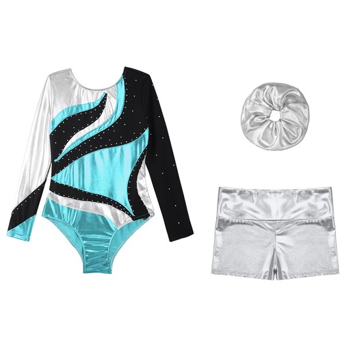 Kids Girls Outfit Metallic Set Rhinestones Dancewear Shiny Round Neckline Dance - Picture 11 of 53