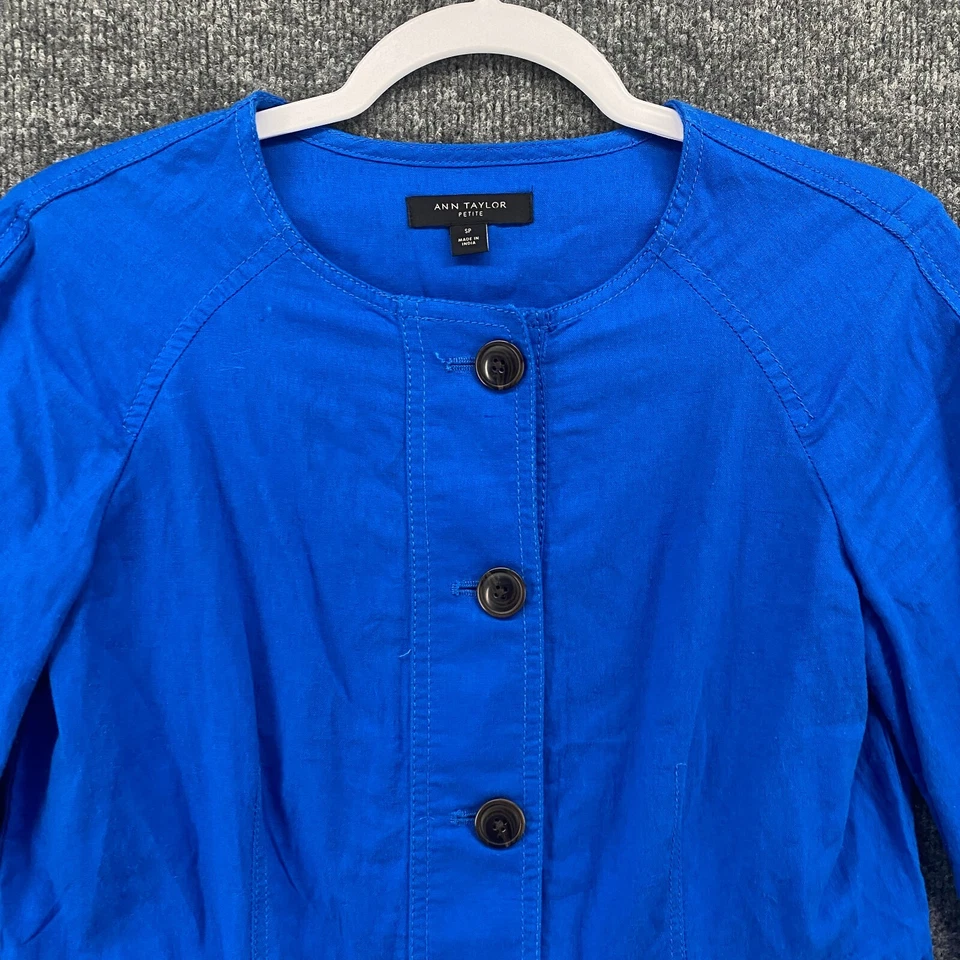 Chaqueta Blazer Ann Taylor Petite Mujer PS Azul Lino Algodón Volantes Carrera Damas Foto 2 de 4
