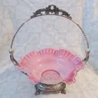 Lovely~Vintage BRIDES BASKET w/Peach Crest FENTON Art Glass Pink Ruffled Bowl