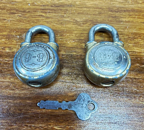 Vintage 9-9 Padlocks Lot of 2 Made in USA 2” Round Working Locks w/ Key - product listing photo