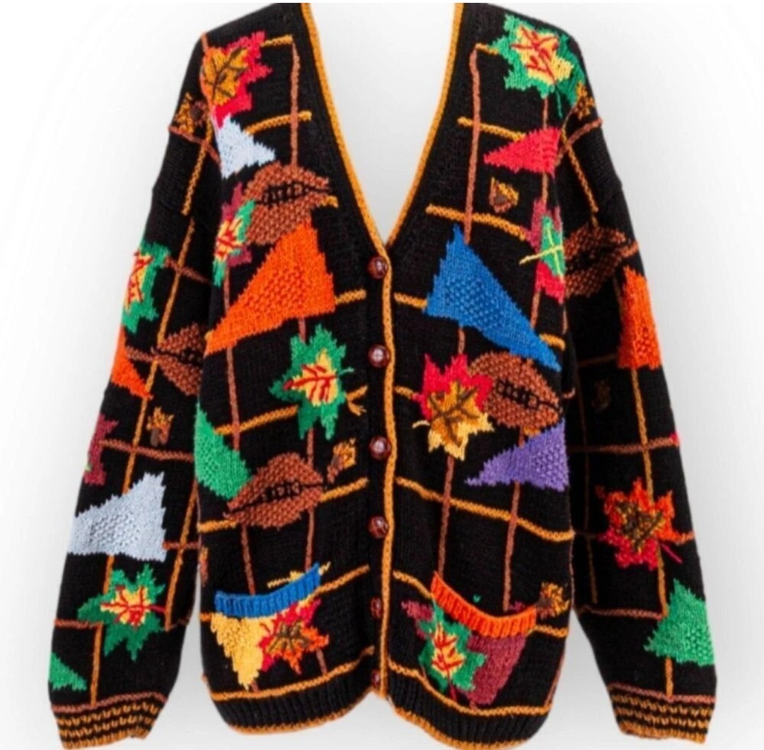 RARE Vintage Hand Knit Fall Football Leaves Chunky Button Sweater Cardigan Bay S