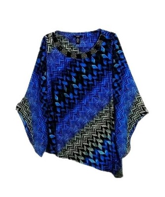 Alfani Top 1X Blue Beaded Travel Knit Art to Wear Artsy Tunic Blouse Flowy Macys