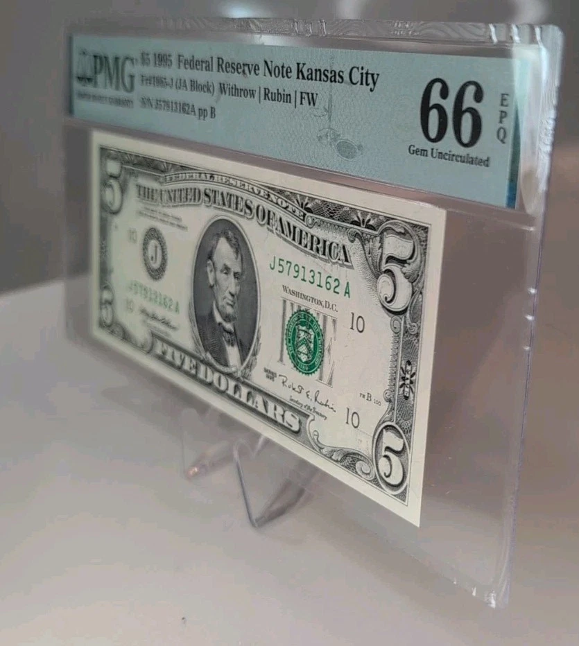 US $5 1995 PMG 66 EPQ UNC Fr #1985-J FRN Kansas City Withrow/Rubin/FW - Image 4 of 4