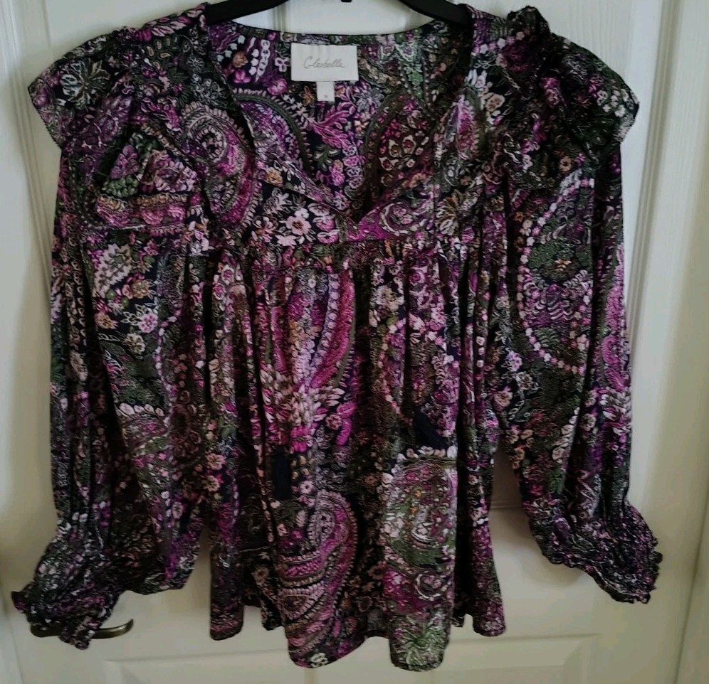Cleobella Ainsley Blouse M Purple Caymen Paisley Bishop Sleeve Organic Cotton View 4