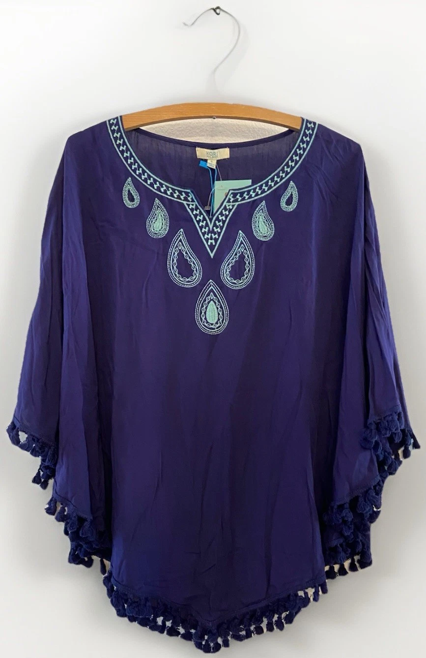 Kori Semi Sheer Poncho Top Sz S Blue Flowy Layering Cape Blouse Boho Casual