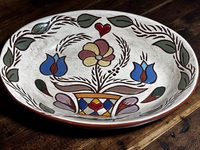 Marilyn Stoltzfus Redware Dish Flowers Pennsylvania Dutch 9'' x 7'' x 1.5'' READ