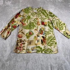 Citron Santa Monica Blouse Womens Medium Green Tropical Floral Button Down Rayon