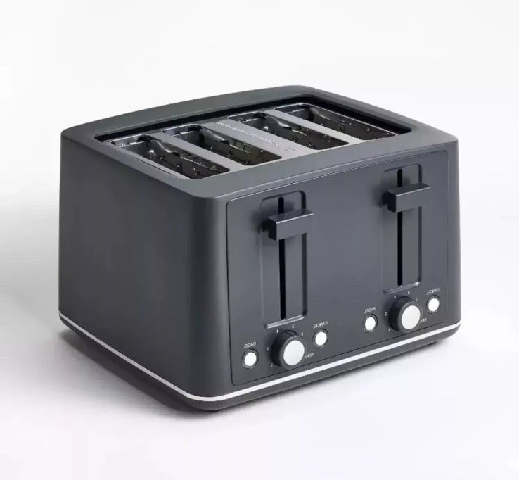 4 Slice Toaster Thin Chrome Trim Band Gray, 7 Browning Settings- Figmint. NEW