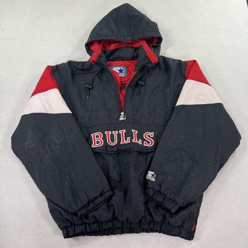 VTG 90s Chicago Bulls Jacket Mens L Black NBA Basketball Starter Pullover Hooded - Image 1
