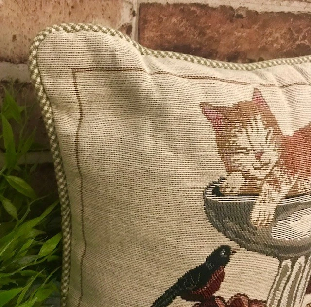 ADRIENNE SAMUELSON VINTAGE 12" TAPESTRY ACCENT PILLOW PUSSYCAT IN A BIRDBATH - Image 2 of 4