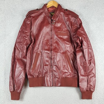 Vintage 80s Maroon Leather Cafe Racer Biker Jacket Size 40L Small Motorcycle