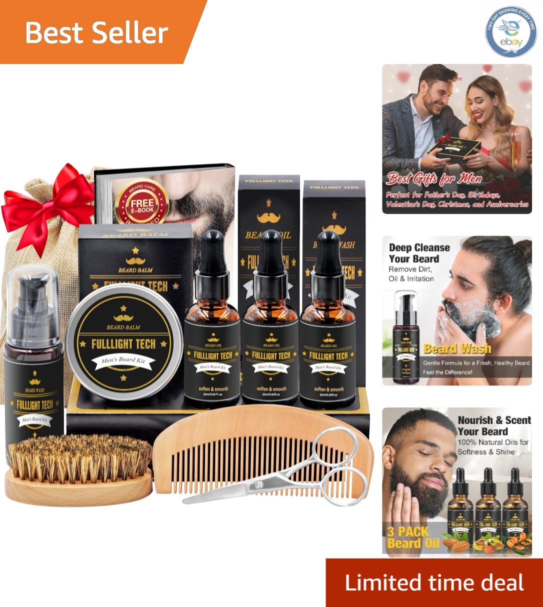 Complete Beard Grooming Set: Wash, Oils, Balm, Tools & Ebook - Perfect Gift!