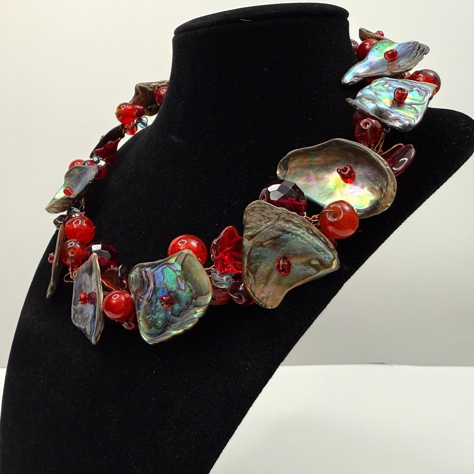 Abalone Shell Collar Necklace Statement Red Cryst… - image 3