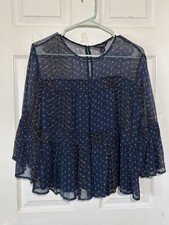 Lucky Brand Navy Sheer Triangle-Print Rufle Blouse Sz S