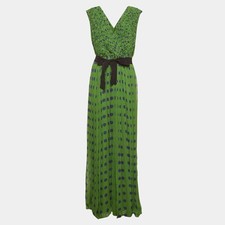 CH Carolina Herrera Green Polka Dot Print Chiffon Plisse Maxi Dress L
