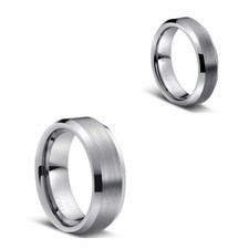 Free Engraving - Tungsten Carbide Beveled Edge Brushed Wedding Band Ring Set
