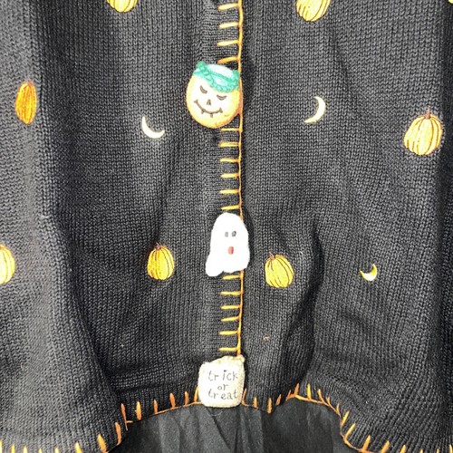 VTG Quacker Factory Halloween Cardigan Sweater moons Pumpkins Ghost Candy Corn L - Picture 6 of 8