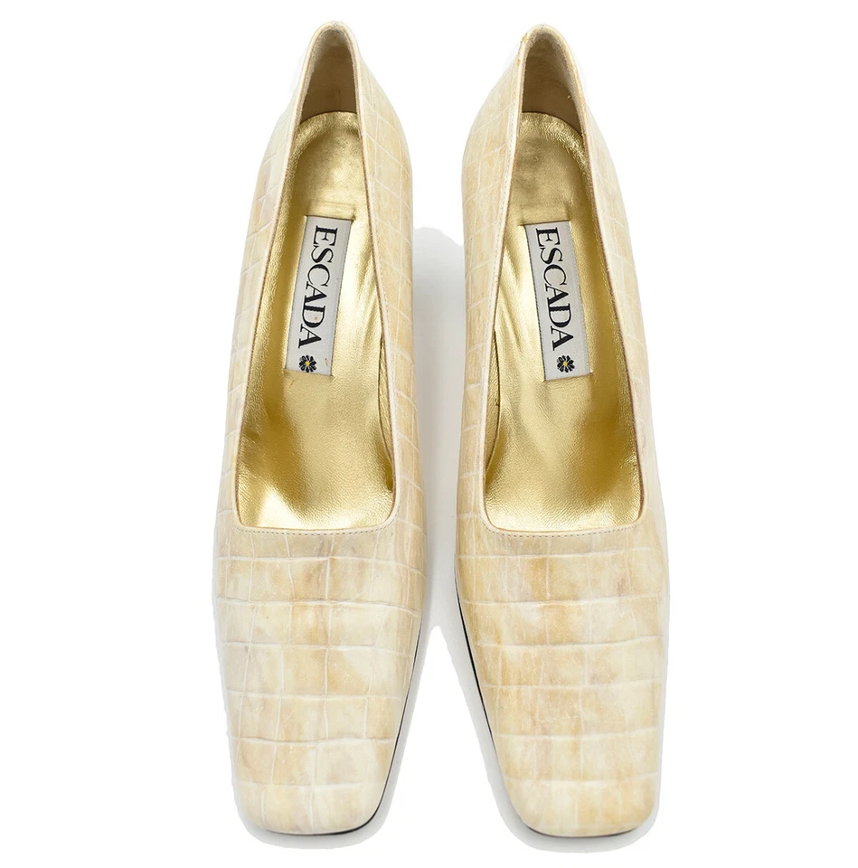 Tacón de cuero Escada dorado/beige cocodrilo en relieve talla 9,5 Foto 2 de 4