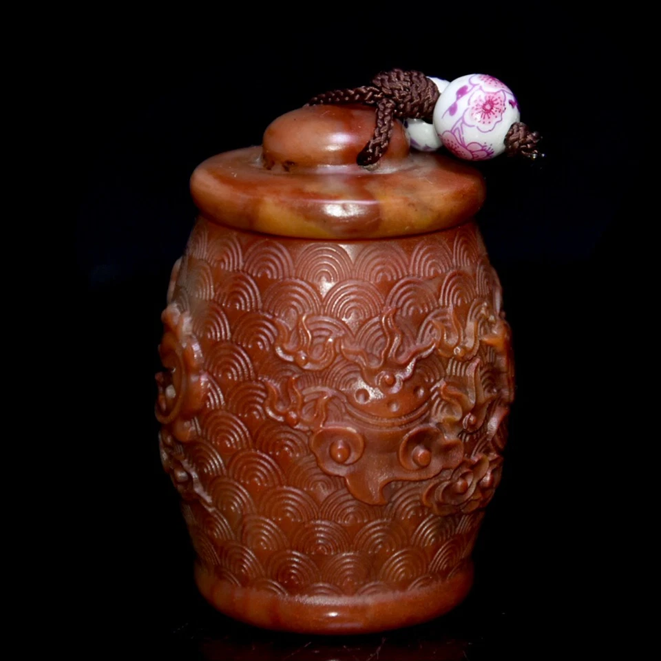 Olla de tarro pequeña con patrón de fénix tallada a mano piedra natural china Shoushan 1262 Foto 4 de 4