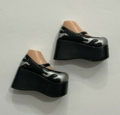 BRATZ DOLL SHOES XPRESS IT 2002 JADE BLACK SILVER FLAME MARY-JANE PLATFORM HEELS
