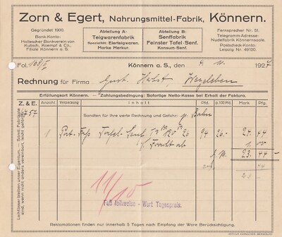 KONNERS, Invoice 1927, Zorn & Egert Food Factory Table Mustard