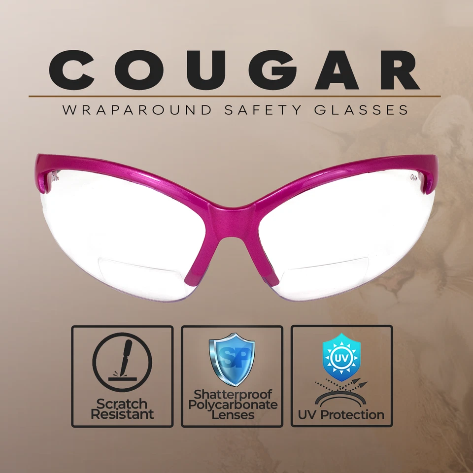 Gafas de seguridad bifocales transparentes Cougar Pink para mujer 2,5 lentes irrompibles Foto 2 de 4