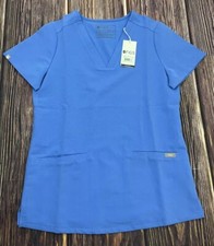 New NWT FIGS Scrubs Top Blue V Neck Short Sleeve Shirt Womens Size X-Small