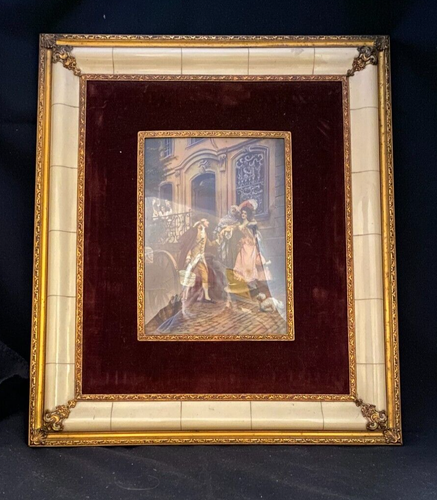 ANTIKER MESSING & ELFENBEIN RAHMEN 15" (H), KUNSTGEMÄLDE "PAAR" um 1925 g - Bild 2 von 4