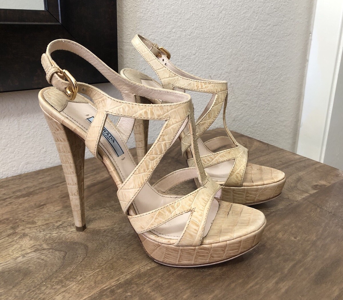 Prada Crocodile Embossed Beige Leather Slingbacks Platform Sandals