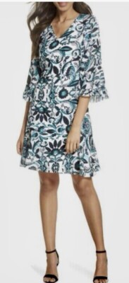 Kobi Halperin Women s Scottie Dress White Purple & Green Jacobean Floral Sz L