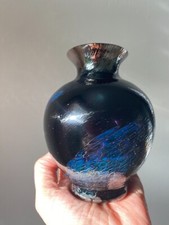 Iridescent Hand Blown Art Glass Vase - Black with Blue Swirls - Studio Style 5  