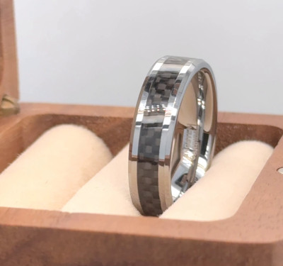 Thanksgiving Gift Ring For Him Black Carbon Fiber Inlay Ring Silver Tungsten