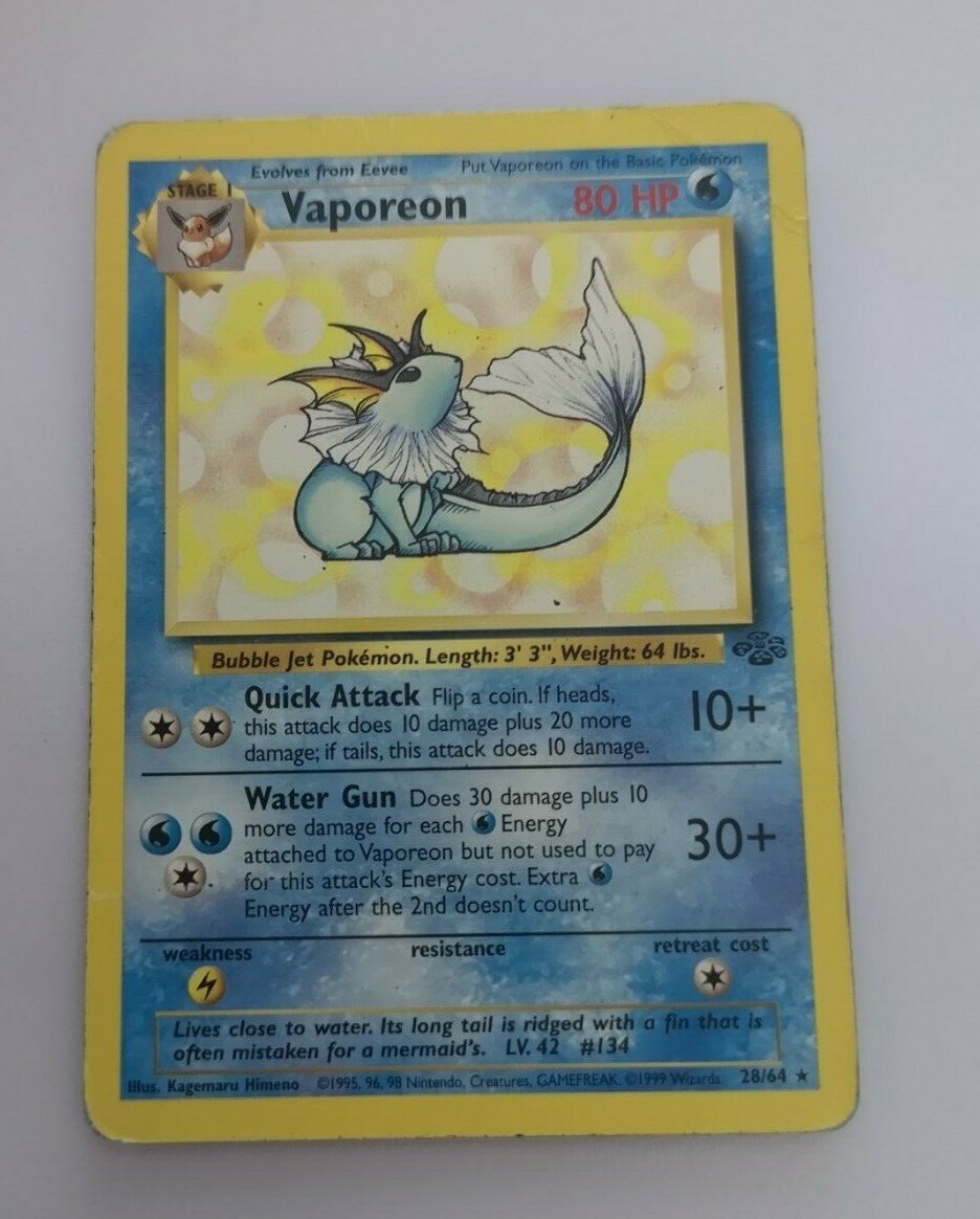 Very Rare Original 1995 Vaporeon Pokemon Card 28/64 Free