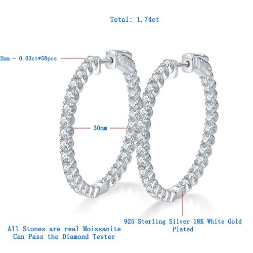 2mm D VVS1 Full Moissanite Large Hoop Earrings for Women 925 Sterling Silver - Picture 10 of 15