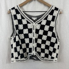 Unbranded Crochet Checkered Colorblock Button Vest Womens M Retro Granny Square