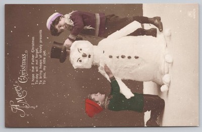 Kinder bauen Schneemann Weihnachtsmann Gedicht RPPC Carlton Verlag Vintage