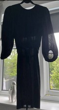 Peacocks Black Midi Dress Pleated Round Neck Balloon Sleeve Tie Waist Size 12