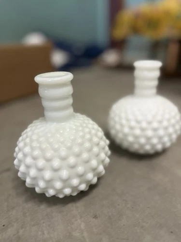 Pair of Vintage Hobnail Milk Glass Vases