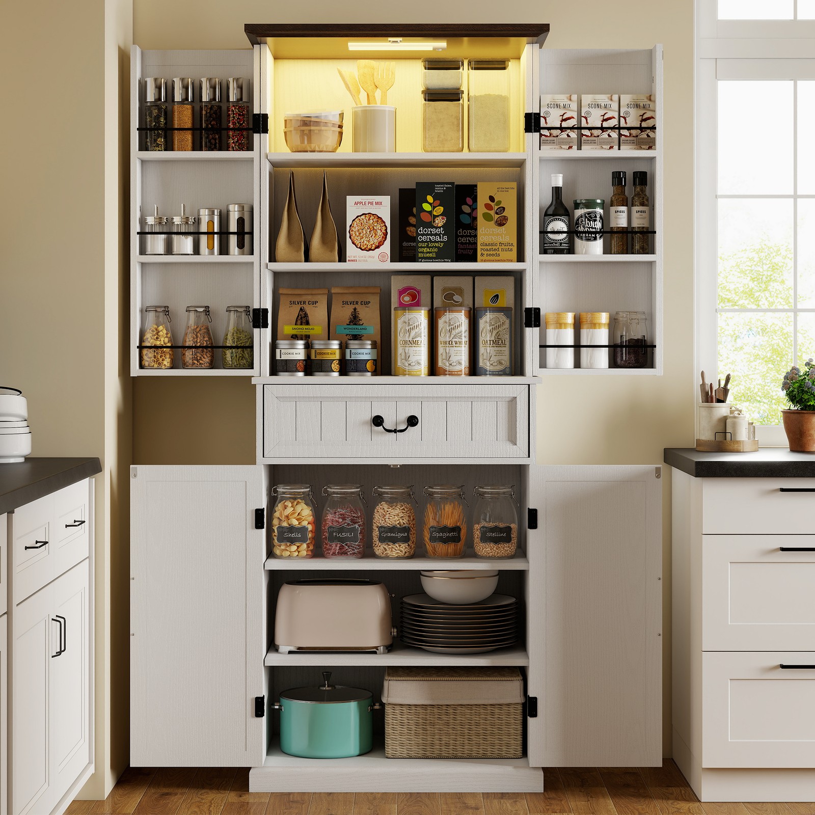 HOMCOM Farmhouse Kitchen Pantry Cabinet with Light, Storage Cabinet, White